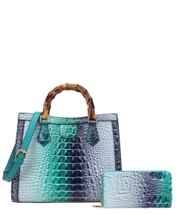 2in1 Crocodile Bamboo Handle Tie-dyed Satchel & Wallet CE-9160W TURQUOISE